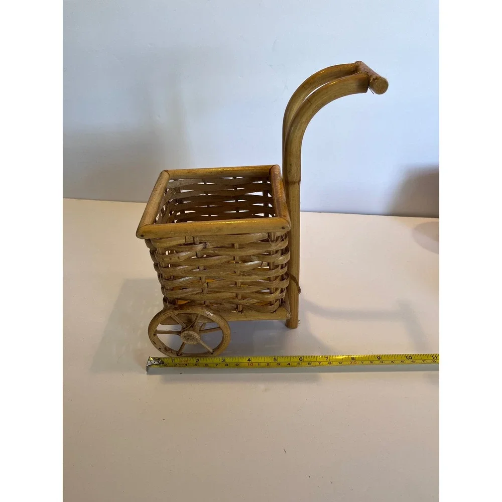Vintage Wicker Bamboo Mini Push Cart Basket Decorative Planter Rolling Wheels